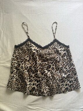 Moa Moa Leopard Print Top with Black Lace Trim